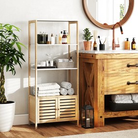 Armário de casa de banho de arrumação em bambu 63 x 30 x 138 cm, 3 prateleiras, madeira natural e branca