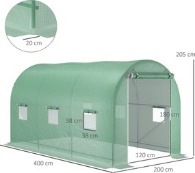 Estufa de jardim em forma de túnel, área útil de 8 m², 4,00 m (C) x 2,00 m (L) x 2,05 m (A), estrutura tubular reforçada, porta com fecho de correr, 6
