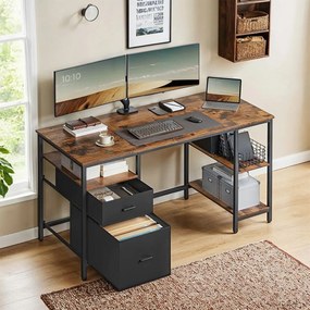 Secretaria com 3 prateleiras e 2 gavetas, 60 x 140 x 76 cm (T x B x H) castanho vintage-preto