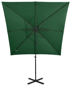 Guarda-sol jardim cantilever c/ poste e luzes LED 250 cm verde