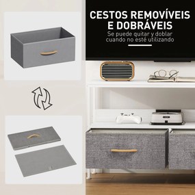 Móvel de TV com Prateleira e 2 Gavetas de Tecido Dobráveis para Televisores até 47 Polegadas  98x29x56 cm Branco e Cinza