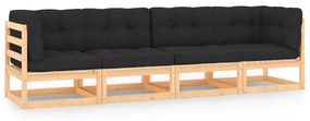 vidaXL 4 pcs conjunto lounge de jardim c/ almofadões pinho maciço