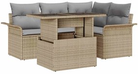 Conjunto de Sofá de Jardim de 5 Peças com Almofadas Bege Vime Poliéster