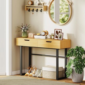 Mesa consola 110 (C) x 35 (P) x 76,5 (A) cm estreita com 2 gavetas, estrutura em metal e design sem puxadores, cor natural
