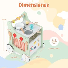 Cozinha de brincar 6 em 1 com carrinho de aprendizagem, jogo de formas, relógio educativo e rodas para bebés com mais de 12 meses, verde