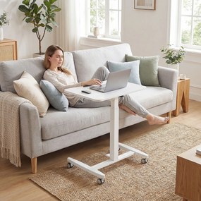 Secretária para trabalhar em pé com altura ajustável  60,5 x 52 x 75-114 cm, tampo inclinável, Rodas e estrutura em aço branco