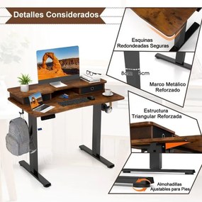 Secretária elétrica com pé 100 x 60 cm com 2 gavetas, altura ajustável e suporte para monitor Castanha
