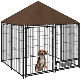 PawHut Parque para Cães com Toldo com Suporte Giratório para Comida 2 Tigelas Incluídas 141x141x151 cm Preto Marrom