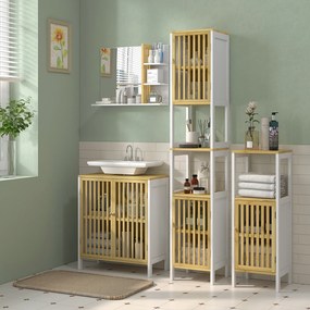 Coluna alta de Casa de Banho com 2 Estantes Abertos 2 Armários com Portas de Ripas e Prateleiras Ajustáveis 32x30x172 cm Branco