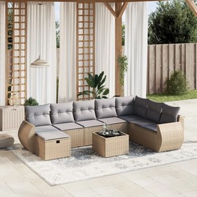 9 pcs conj. sofás jardim c/ almofadões vime PE bege misturado