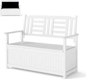 Banco jardim 123 x 68,5 x 96 cm com armazenamento para pátio com 185 L para 2 pessoas com encosto e braços branco
