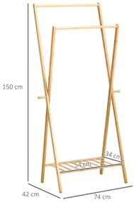 Suporte para Cabides de Bambu Porta Cabides com Prateleira para Sapatos 2 Barras e 2 Ganchos para Corredor Entrada Dormitório 74x42x150 cm Madeira