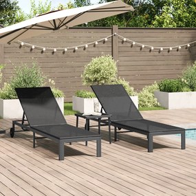 Espreguiçadeiras 2 pcs com Rodas e Mesa em Rattan Preto
