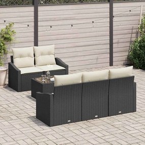 Sofá de Jardim de 6 Peças com Almofadas Pretas em Rattan Sintético