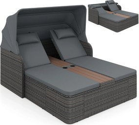 Cama de rattan jardim dupla com toldo retrátil 203 x 159 x 141 cm, encostos ajustáveis e mesa central com porta-copos para jardim, piscina e terraço c