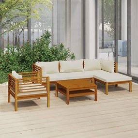 vidaXL 6 pcs conjunto lounge jardim c/ almofadões creme acácia maciça