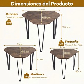 Conjunto de 3 Mesas de Centro Empilháveis, 58,5 x 52,5 x 45,5 cm, Estrutura Metálica, Castanho