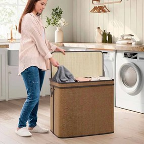 Cesto para roupa suja de 170 litros 67 x 44 x 61 cm em bambu com 3 compartimentos e tampa castanho