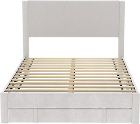 Cama Estofada 140x200 cm (COLCHÃO NÃO INCLUIDO) com Cabeceira Acolchoada Gaveta de Arrumação e Ripas de Madeira Bege