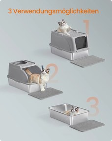 Caixa de areia para gatos em aço inoxidável com pá e escova, cinzenta