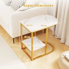 Mesa lateral moderna 60 x 40 x 60 cm em forma de C com tampo em mármore artificial e prateleira Branco + Dourado