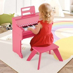 Piano de brincar com 25 teclas para crianças 38 x 24 x 47 cm, com banco e suporte, velocidade e volume ajustáveis, modo de aprendizagem, design em mad