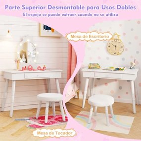 Conjunto de Toucador para Crianças com Espelho Iluminado de Princesa com Gaveta Ajustável com Brilho e Banco Almofadado Branco