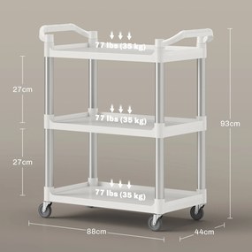 Carrinho Auxiliar com Rodas e 3 Prateleiras Carrinho de Cozinha com Armazenamento Carga 105 kg 88x44x93 cm Branco