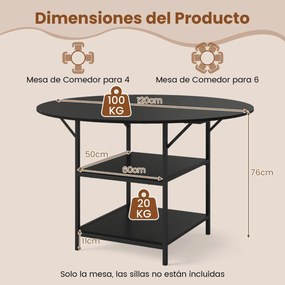 Mesa de Jantar Redonda 120 CM para 4-6 Pessoas de Cozinha Estilo Rústico com Estante Aberta de 2 Níveis Estrutura Metálica Preta