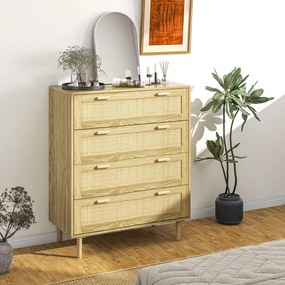 Cómoda com 4 gavetas 90 x 45 x 108,5, móvel de arrumação com frente em rattan trançado, estilo boémio acabamento em madeira clara