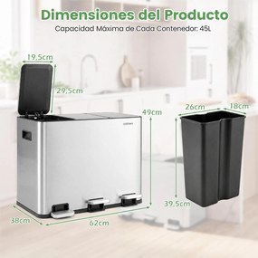 Caixote do Lixo de Cozinha com 3 Compartimentos, 62 x 38 x 49 cm, Fecho Amortecido, Prateado