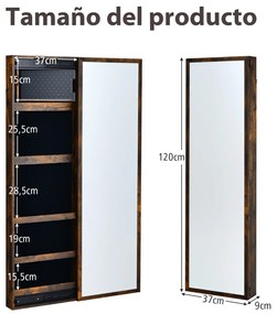 Armário de Joias com Espelho de parede de Jóias Montado em Muro de Jóias com Porta Deslizante Organizador de Jóias 37 x 9 x 120 cm Castanho