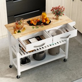 Carrinho de cozinha 106 cm x 50 cm x 89 cm  com rodas com 2 gavetas, 2 prateleiras abertas e pega lateral branca
