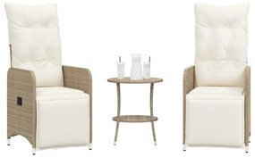 Cadeiras de jardim reclináveis 2 pcs com mesa vime PE bege