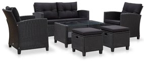 6 pcs conjunto sofás de jardim c/ almofadões vime PE preto