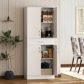 Armário de cozinha alto com 4 portas, 2 compartimentos e 1 gaveta central, altura de 180 cm, com 2 prateleiras ajustáveis, branco