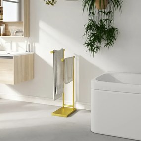 Toalheiro de Pé de 2 Níveis Toalheiro para Casa de Banho com 2 Barras e Estrutura Metálica Estilo Moderno em Forma de L 35,5x20x78 cm Dourado