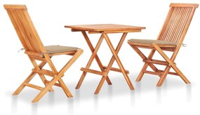 vidaXL Conjunto bistrô c/ almofadões beges 3 pcs teca maciça