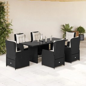 7 pcs conjunto de jantar p/ jardim c/ almofadões vime PE preto