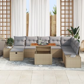 Conjunto de Sofá de Jardim 9 Peças com Almofadas Bege Rattan Sintético
