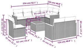 9 pcs conjunto sofás p/ jardim com almofadões vime PE cinzento