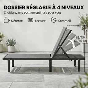 Espreguiçadeira de jardim com Rodas, reclinável em 4 posições até ficar totalmente na horizontal, em Textilene 530 g/m², cinzento escuro
