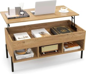 Mesa de centro com tampo elevável 100 x 50 x 46 cm, amplo compartimento oculto, 3 prateleiras abertas e pernas de metal para sala e escritório Natural