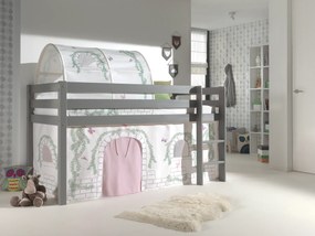 Conjunto Cama alta de Criança PINO 90 x 200 cm + estrado + escada + cortina + tunel Pássaro Cinzenta