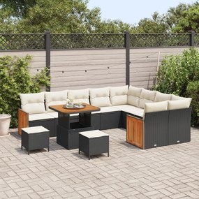 Conjunto de Sofá de Jardim vidaXL de 12 Peças com Almofadas Preto Polirattan Acácia