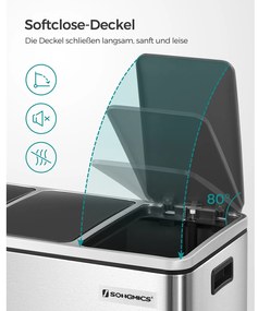 Caixote Lixo com Sistema de separação de resíduos 3 compartimentos 3 x 18 L com tampa Prateado + preto