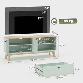 Móvel para televisão de 120 L x 35 P x 50 A cm, adequado para televisores até 36 polegadas, com 2 portas, uma gaveta e um compartimento aberto, verde