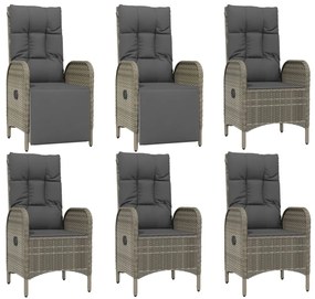7 pcs conjunto de jantar p/ jardim c/ almofadões vime PE cinza