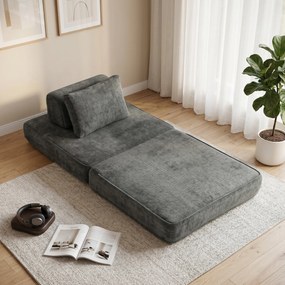 Sofá-cama dobrável 2 em 1, poltrona individual, convertível em chenille, almofada grossa, encosto e almofada de cabeça, cinzento
