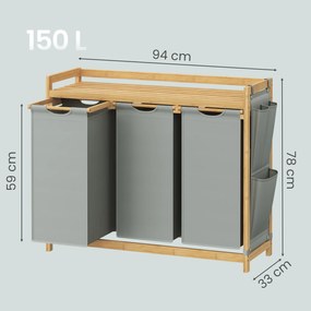 Cesto da roupa suja com 3 compartimentos, bambu, 150 L, 93,8 x 33,8 x 78 cm cinzento